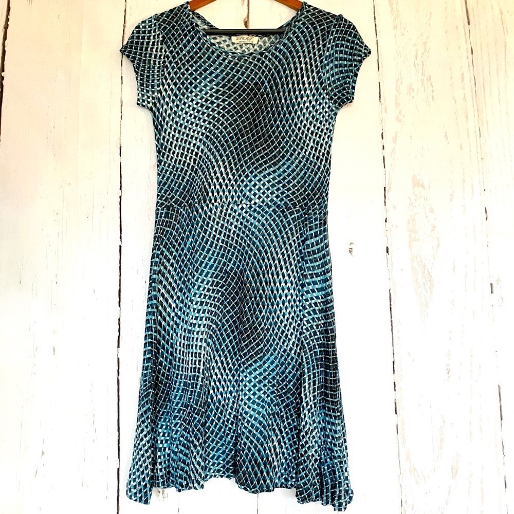 Fit and Flare Dress Women Teal Blue Geometric Optical Print Skater S